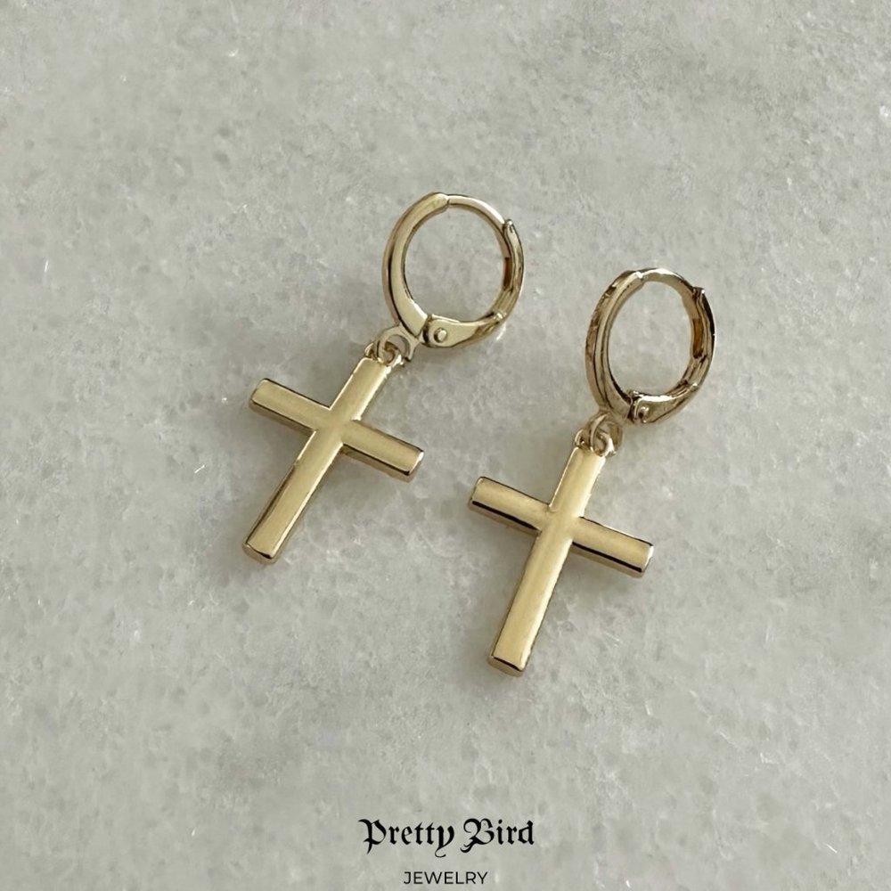 18K Yellow Gold Plated Cross Dangle Earrings - Picture 2 of 2